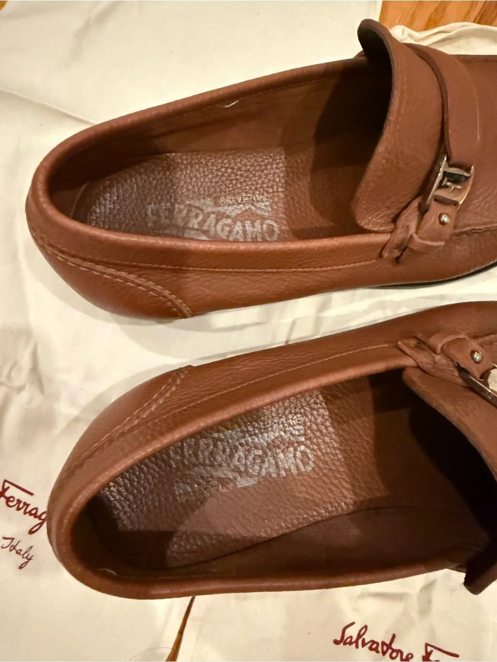 Salvatore Ferragamo Chestnut Brown Pebbled Leather Bit Loafers